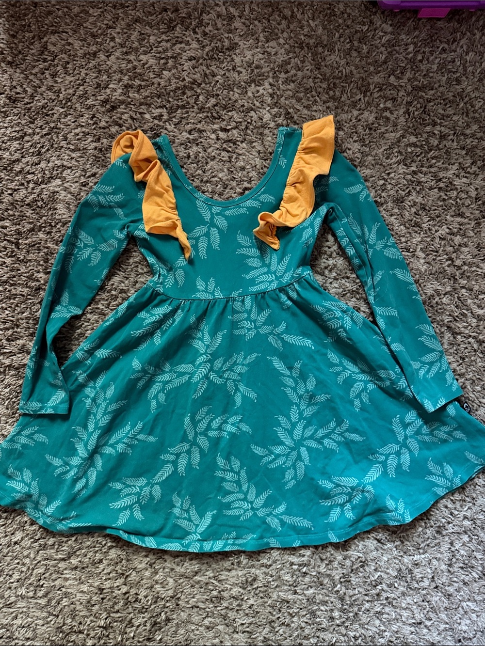 RAGS Girls Teal Floral Long-Sleeve Dress with Mustard Ruffle Shoulders